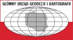 Logotyp Głównego Urzędu Geodezji i Kartografii przedstawiający siatkę kartograficzną Ziemi z wrysowanym konturem Polski na tle flagi Polski.