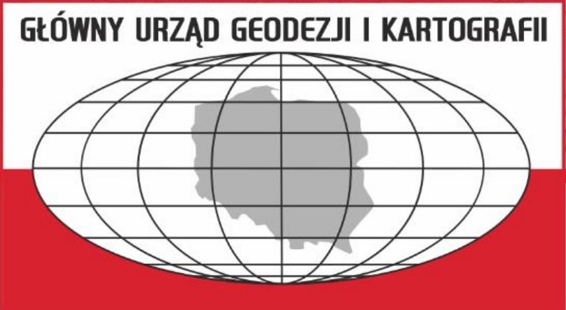 Logo Głównego Urzędu Geodezji i Kartografii przedstawiający siatkę kartograficzną Ziemi oraz szarym konturem Polski na tle flagi Polski.