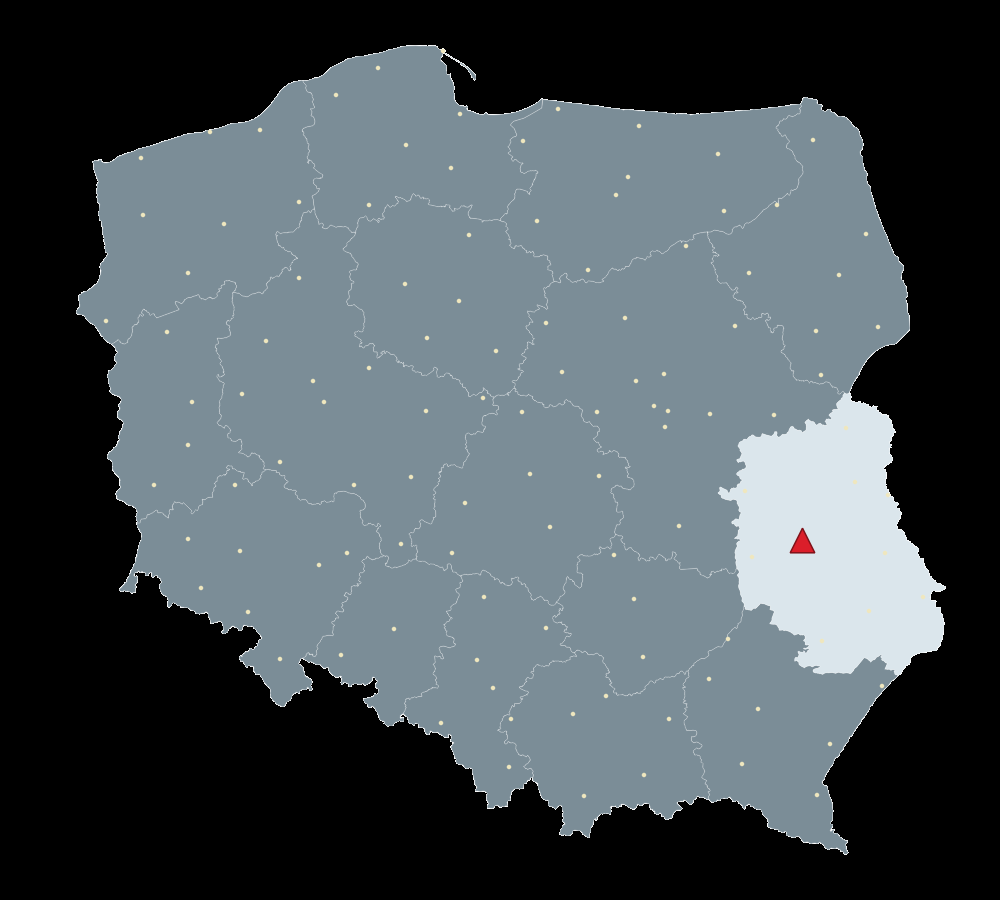 Mapa Polski, na której zilustrowane jest położenie stacji referencyjnej.