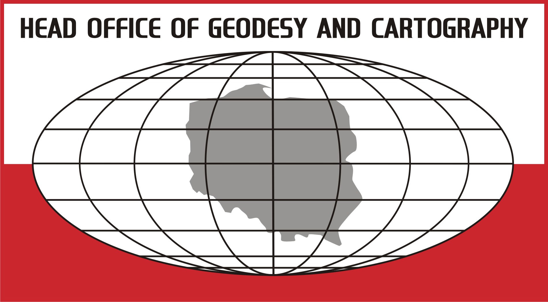 The logo of the Central Office of Geodesy and Cartography showing the Earth's cartographic grid and the gray outline of Poland against the background of the Polish flag.