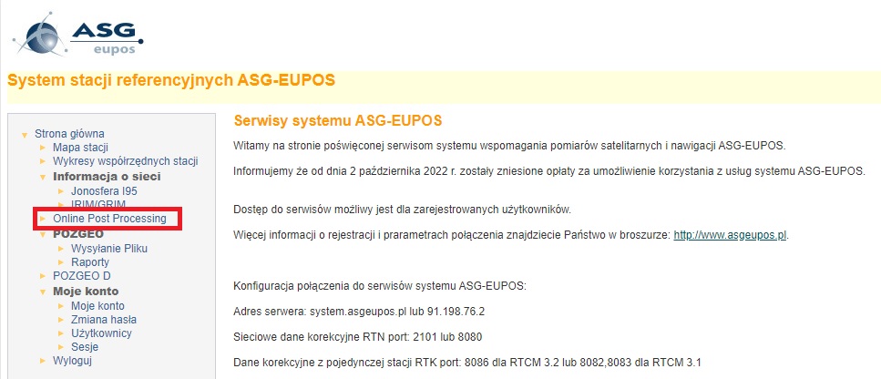 Widok zakładki prowadzącej do Trimble online processing