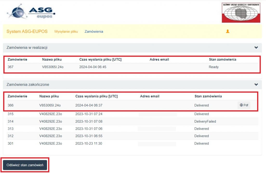 Widok realizacji zamówień w Trimble online processing